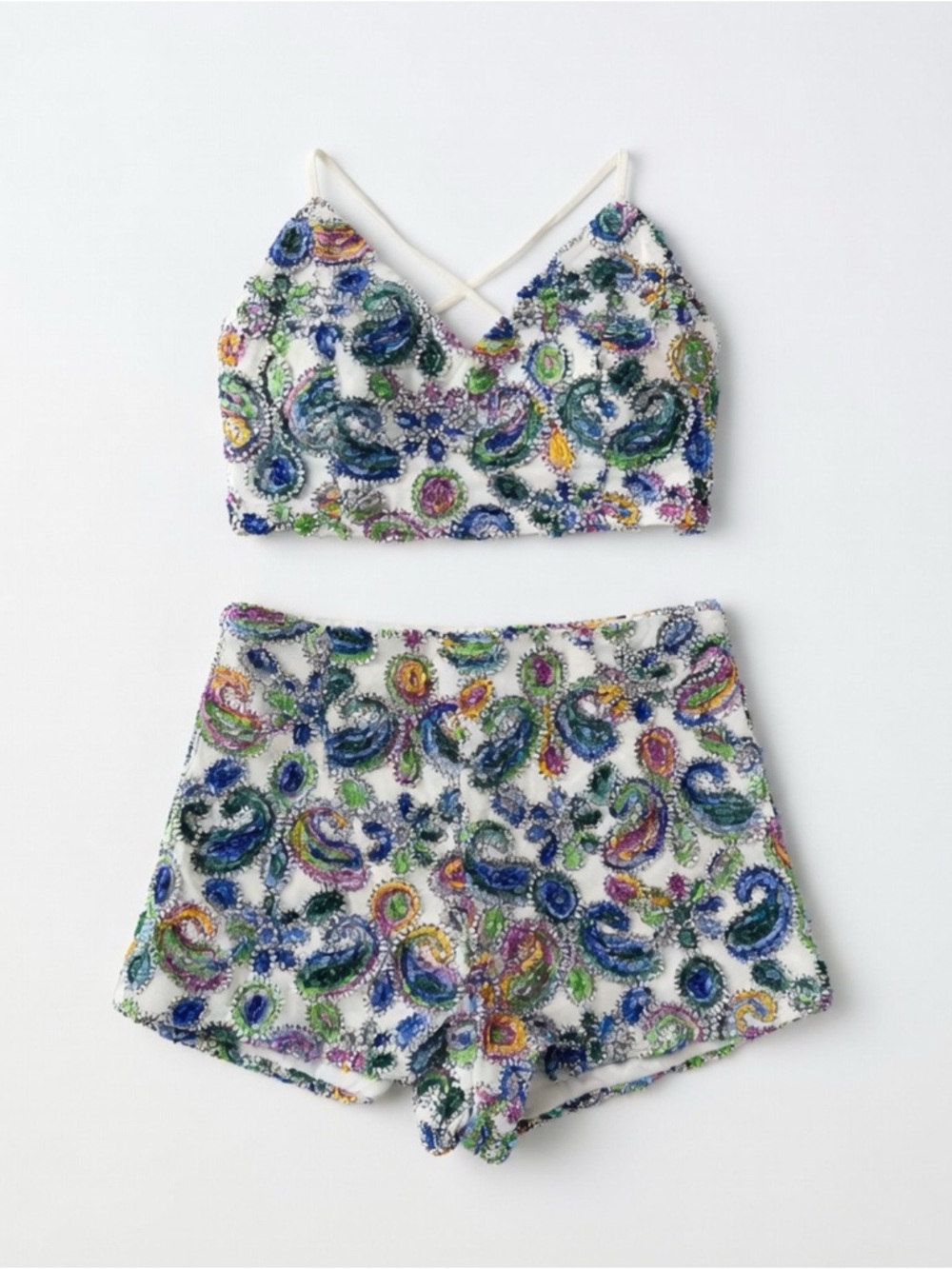 SOLD!!Luxxel White Crop Top & Shorts Set with Multicolor Beaded Trim. Co-ord set